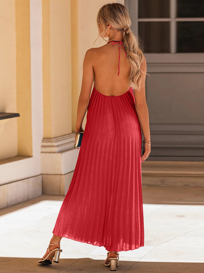 Backless Pleated Halter Neck Dress