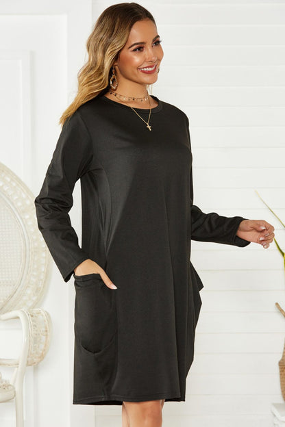 Pocketed Round Neck Long Sleeve Dress