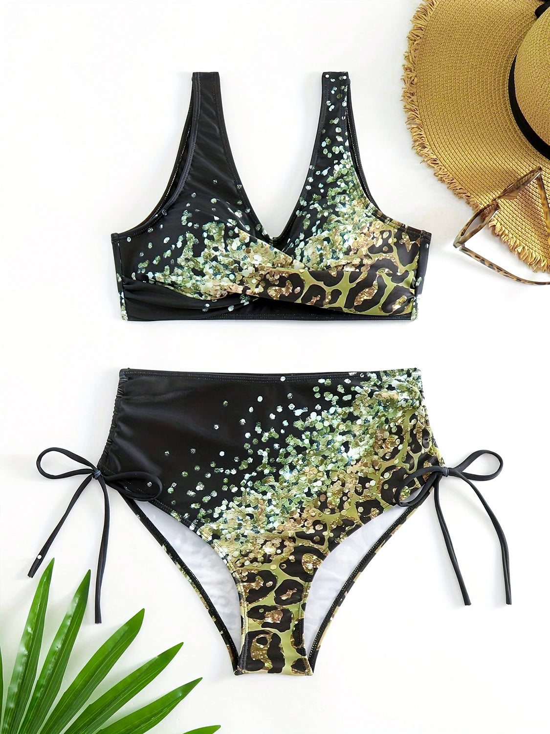 Lace-Up Printed Wide Strap Bikini Set