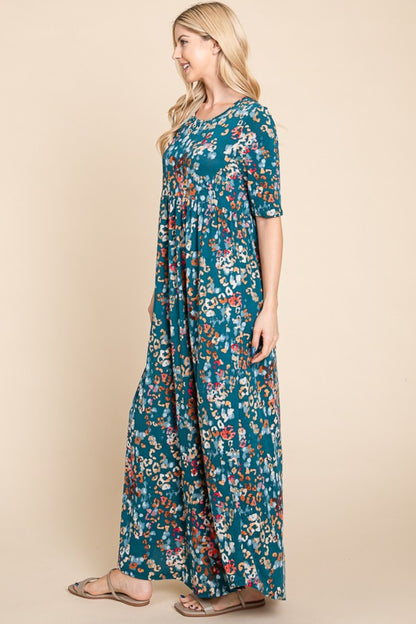 BOMBOM Printed Shirred Maxi Dress