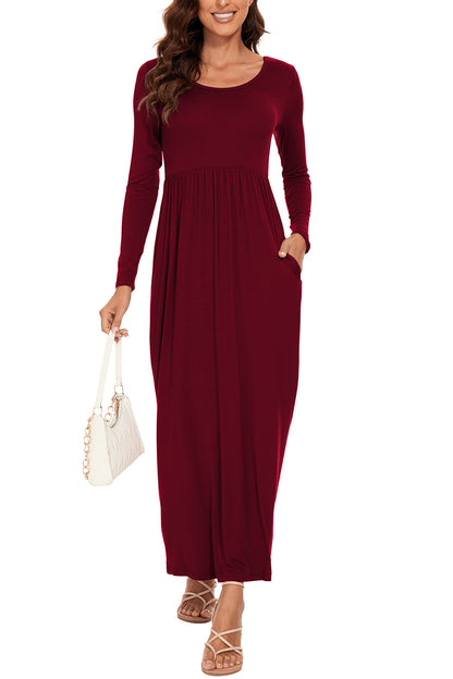 Round Neck Long Sleeve Pocketed Maxi Dress