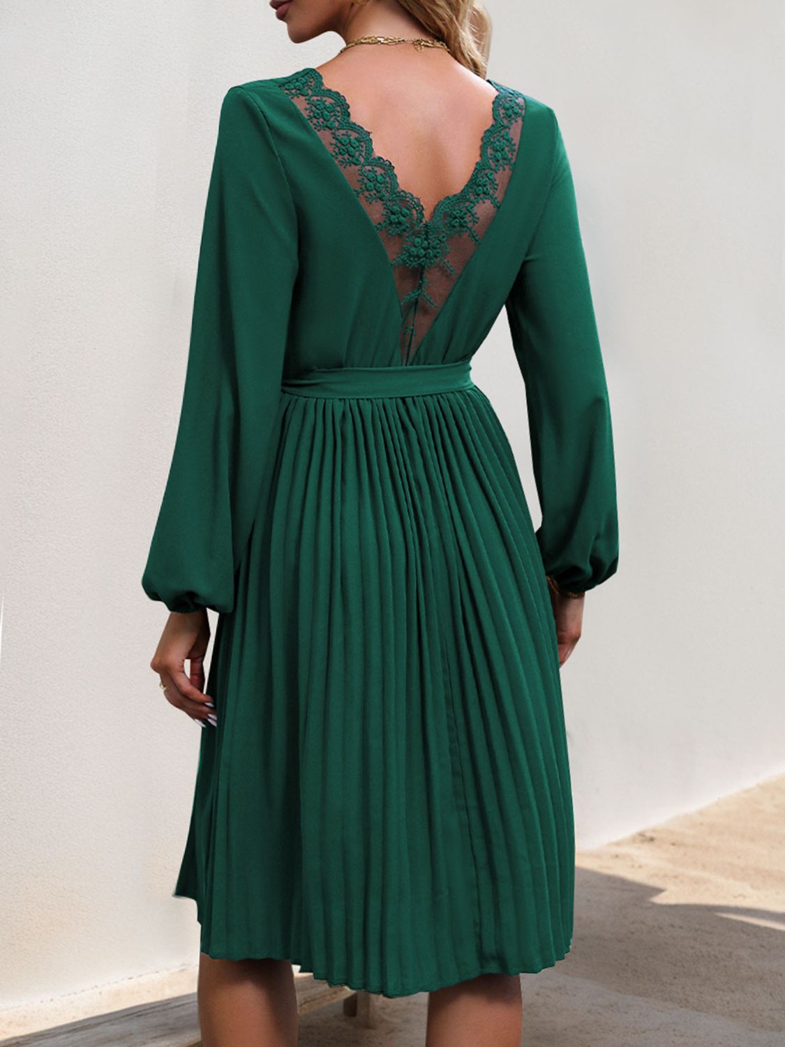 Perfee Lace V-Neck Long Sleeve Pleated Dress