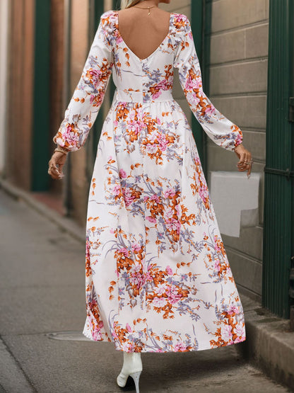 Perfee Slit Printed Surplice Long Sleeve Maxi Dress