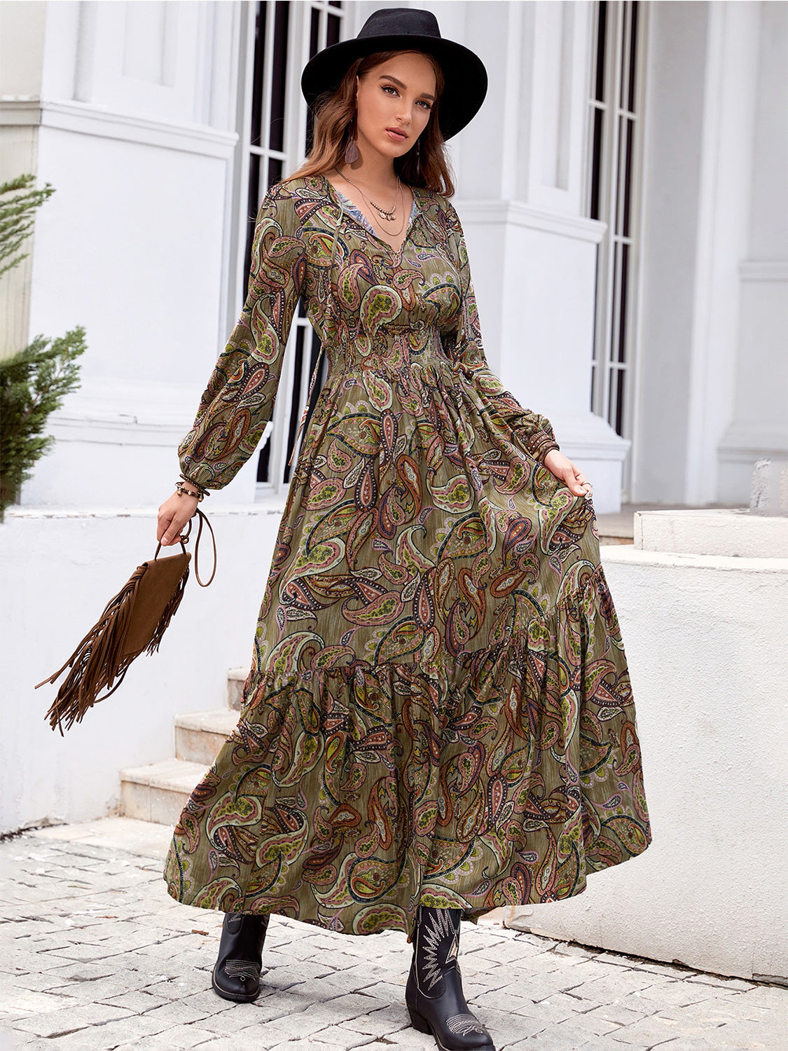 Printed Tie Neck Ruffle Hem Long Sleeve Dress