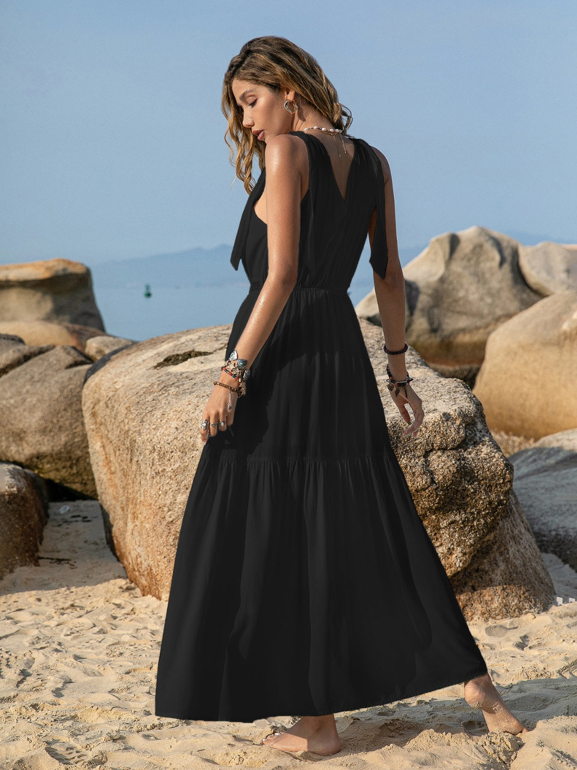 V-Neck Tie Shoulder Crochet Maxi Dress