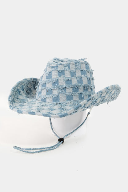 Fame Checkered Fringe Denim Cowboy Hat