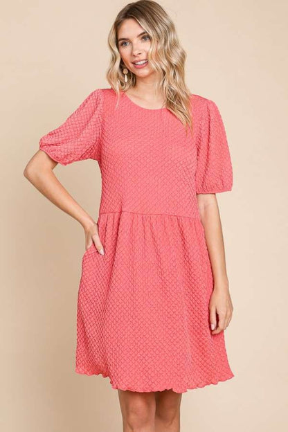 Culture Code Full Size Textured Round Neck Puff Sleeve Dress