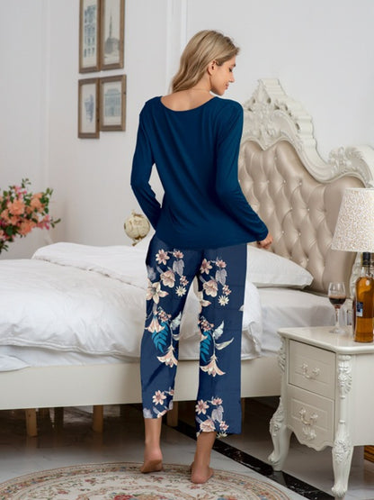 Round Neck Top and Printed Pants Lounge Set