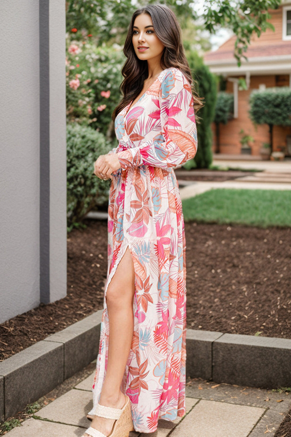 Plus Size V-Neck Printed Slit Dress