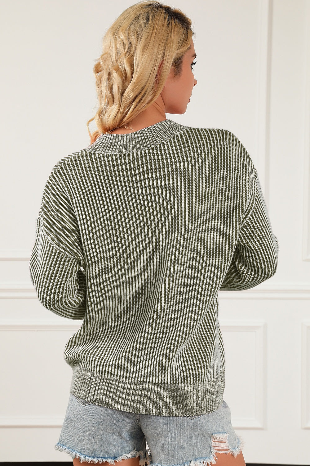 Striped Mock Neck Dropped Shoulder Sweater