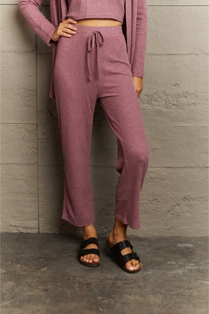 Ninexis Full Size Cropped Top, Long Pants and Cardigan Lounge Set