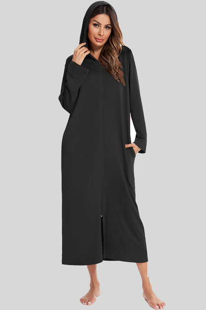 Zip Front Hooded Night Dress with Pockets