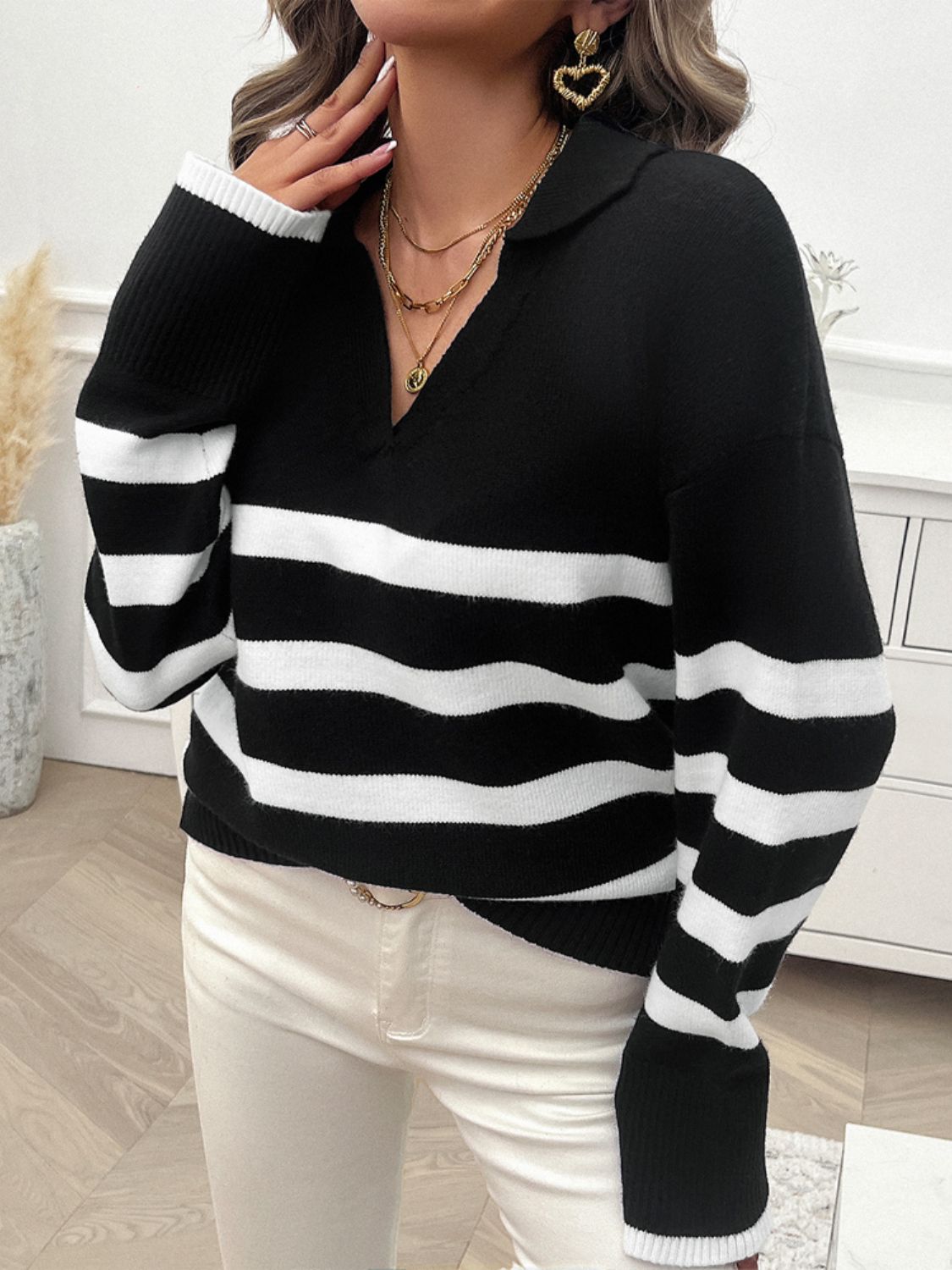 Devine Striped Collared Neck Long Sleeve Sweater