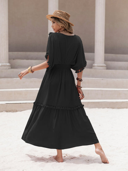 Tassel Trim Smocked V-Neck Short Sleeve Dress