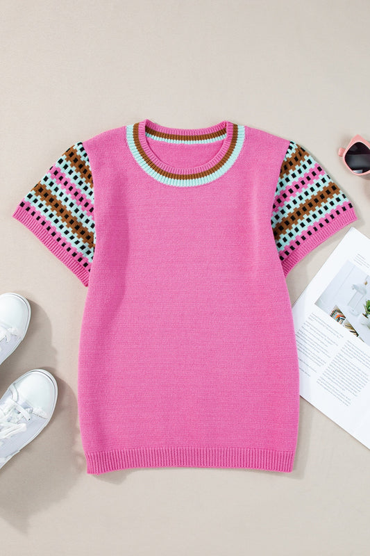 Contrast Round Neck Short Sleeve Knit Top