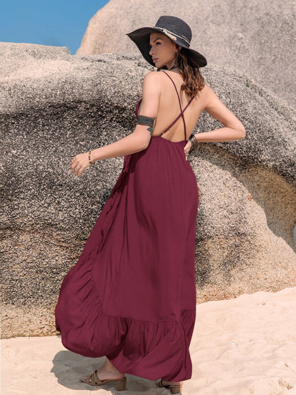 Crisscross Back Drawstring Ruffle Trim Maxi Dress