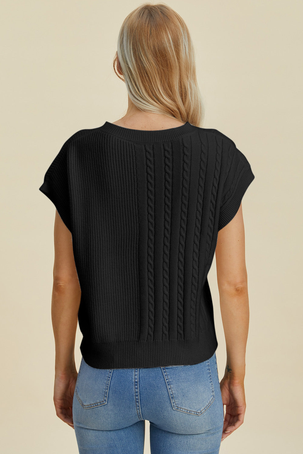 Double Take Full Size Cable-Knit Round Neck Short Sleeve Sweater