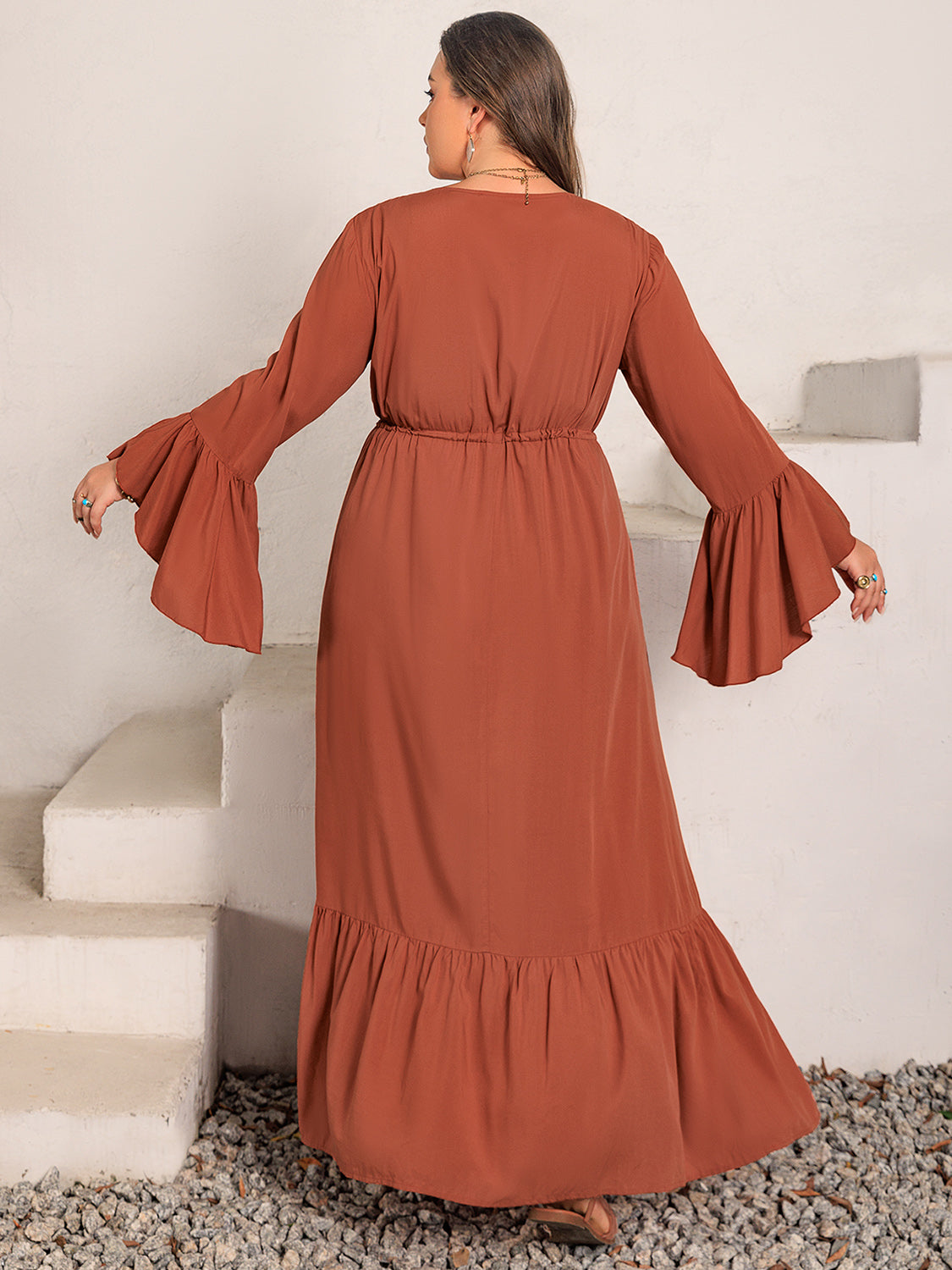 Plus Size V-Neck Flare Sleeve Maxi Dress