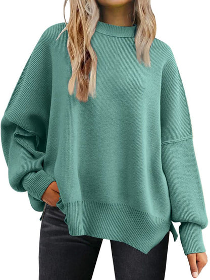 Slit Round Neck Dropped Shoulder Sweater