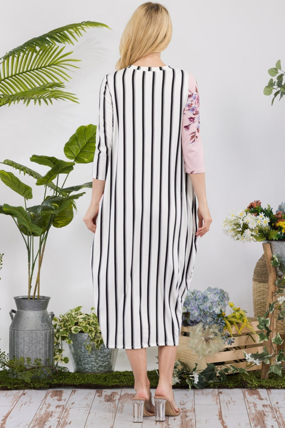 Celeste Full Size Floral Striped Contrast Midi-Dress with Pockets