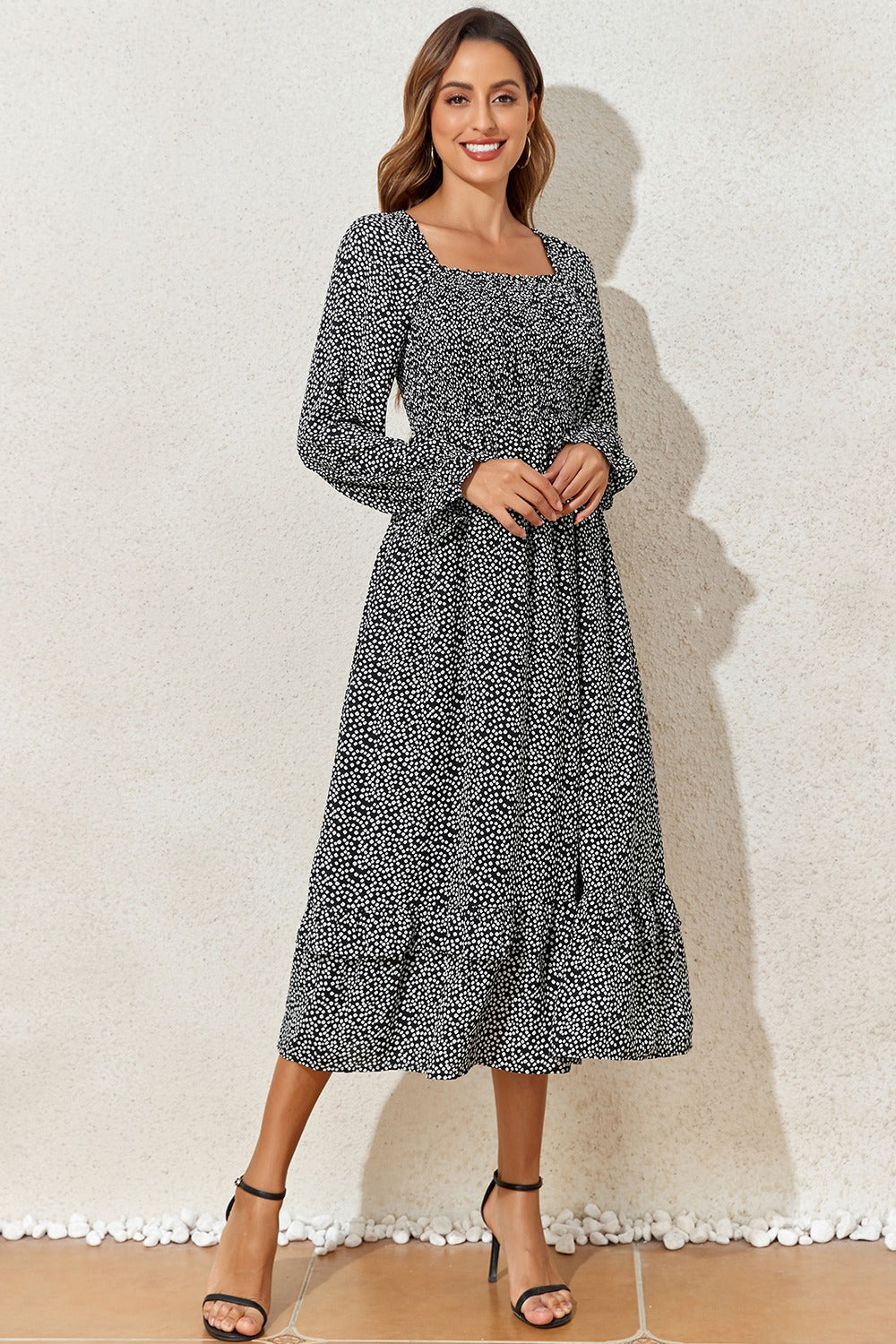 Printed Square Neck Long Sleeve Midi Dress