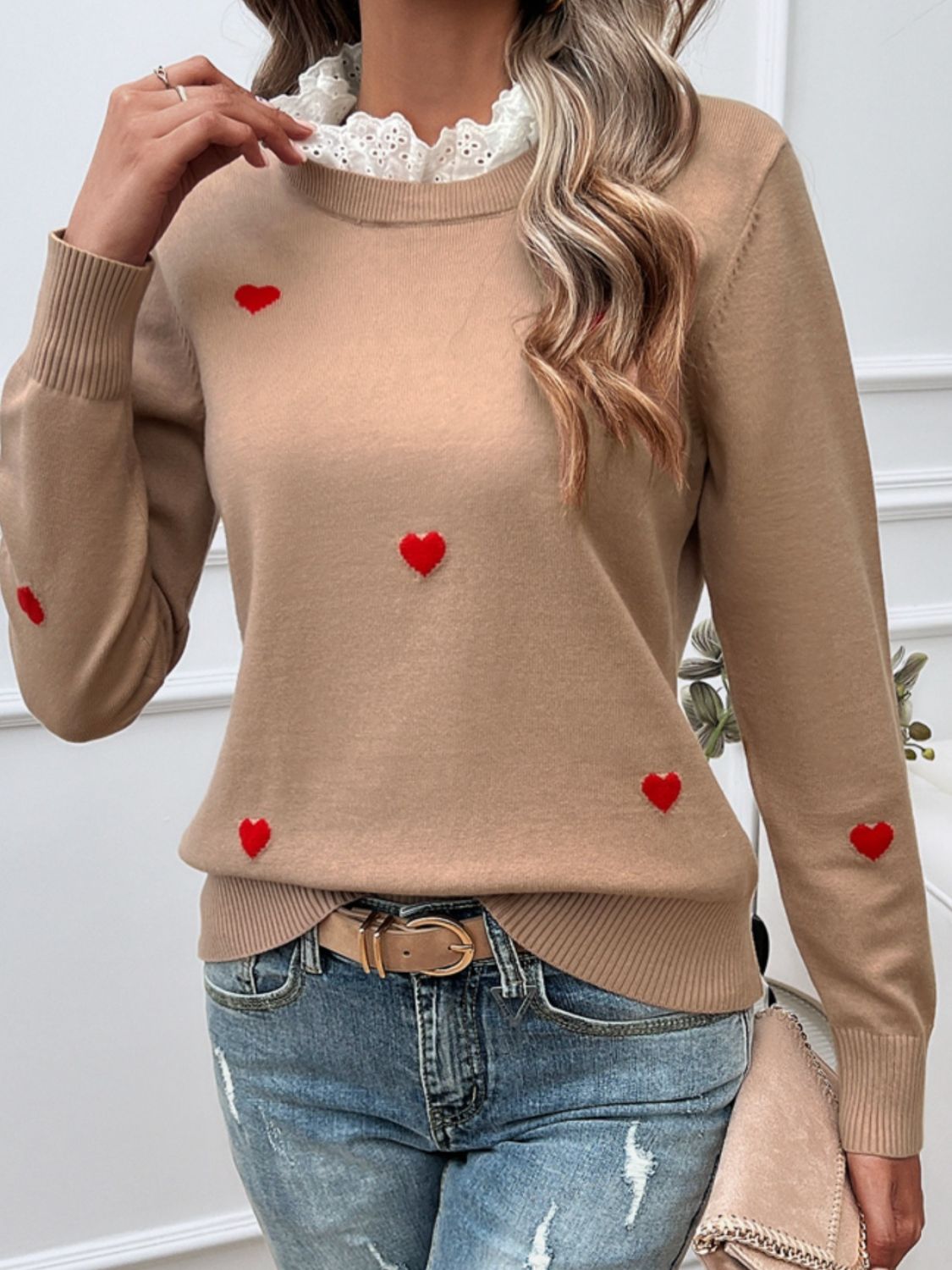 Devine Lace Detail Heart Long Sleeve Sweater