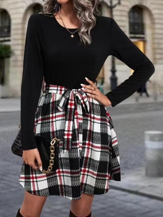 Tied Plaid Round Neck Long Sleeve Dress