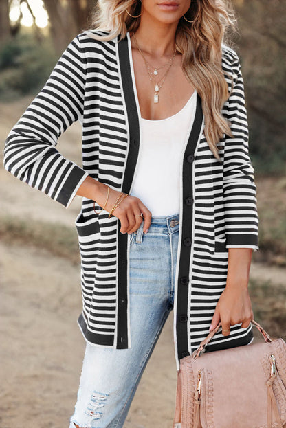 Striped Open Front Long Sleeve Cardigan