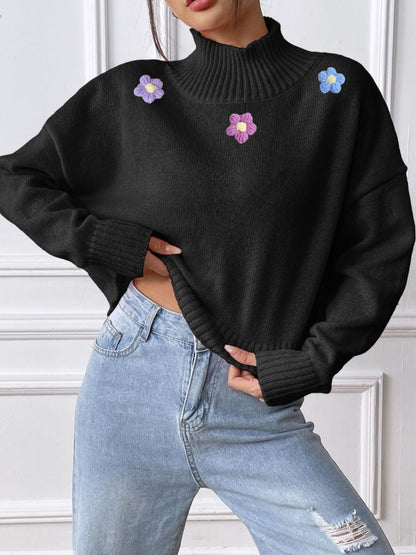 Flower Turtleneck Long Sleeve Sweater