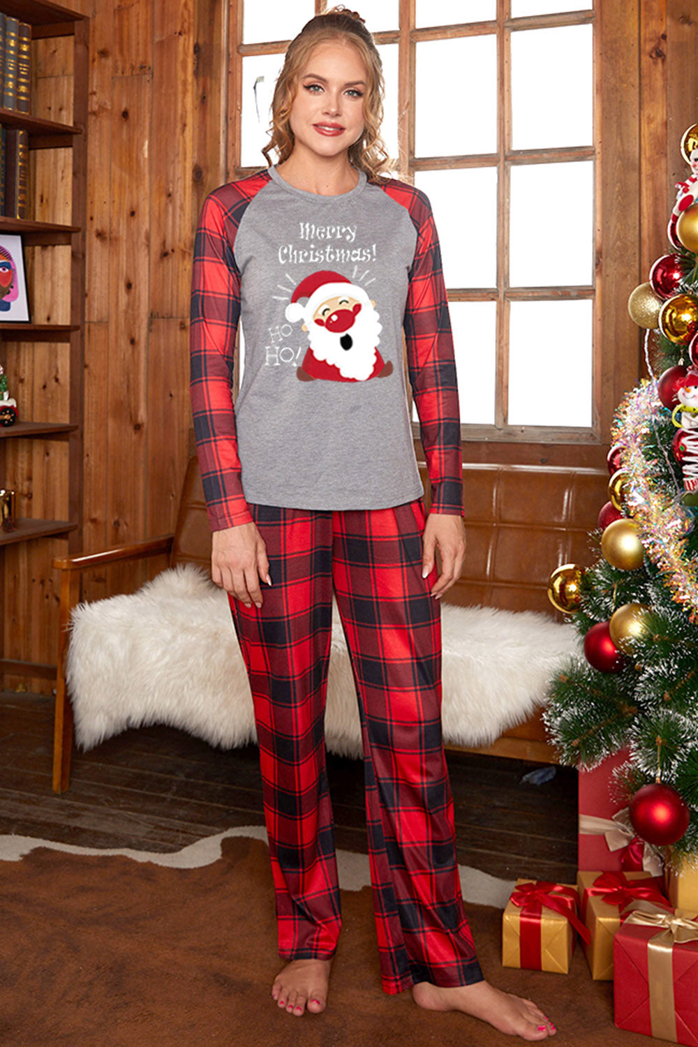 MERRY CHRISTMAS Graphic Top and Plaid Pants Set