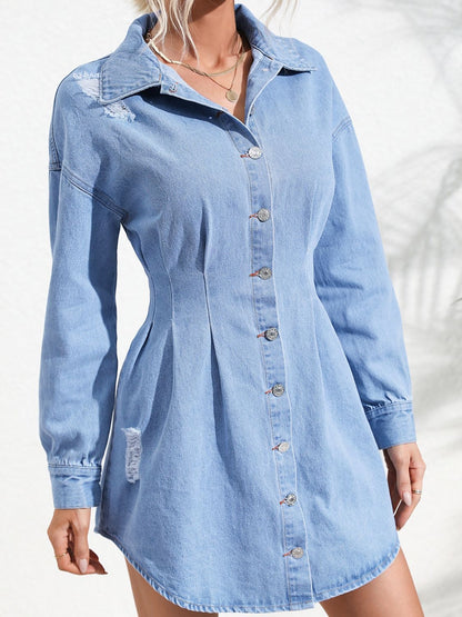 Distressed Button Up Long Sleeve Denim Dress