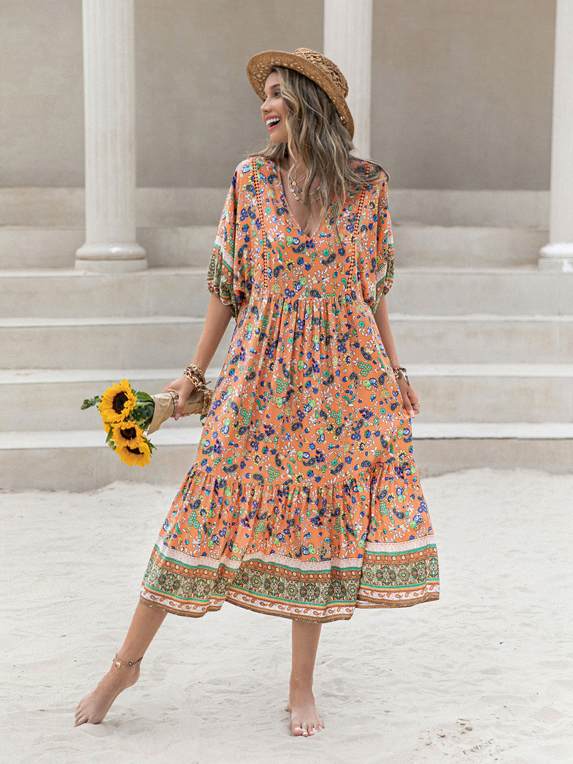 Printed V-Neck Short Sleeve Maxi Dress