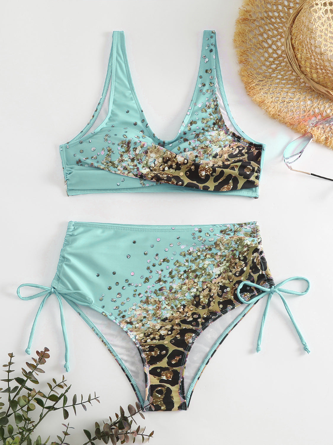 Lace-Up Printed Wide Strap Bikini Set