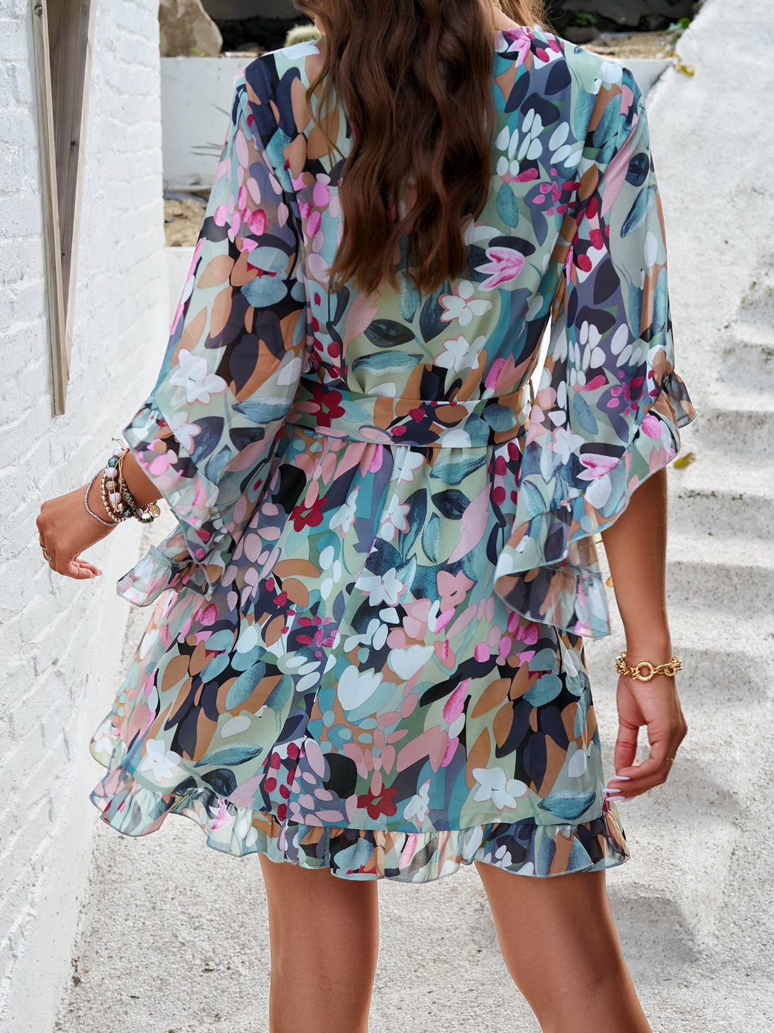 Devine Ruffled Printed Surplice Half Sleeve Mini Dress