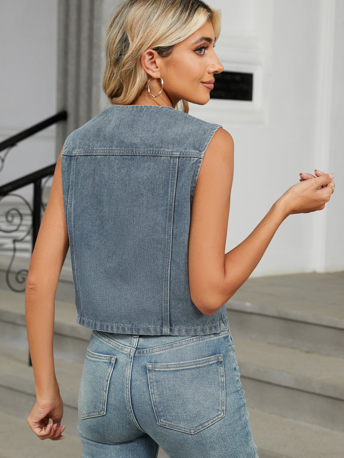 V-Neck Button Down Denim Vest