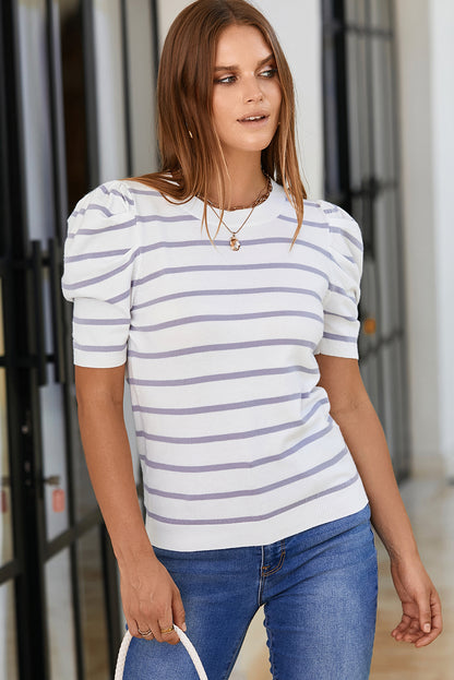 Striped Round Neck Puff Sleeve Knit Top