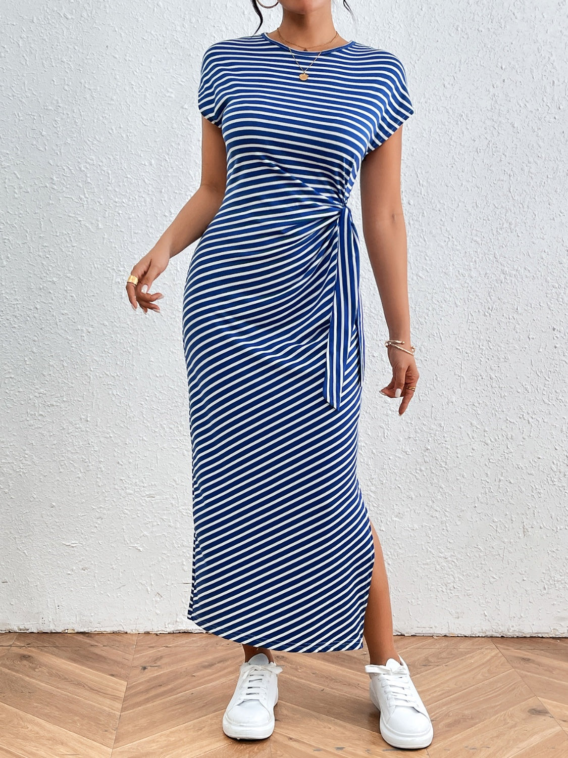 Honey Tied Striped Round Neck Short Sleeve Tee Dress