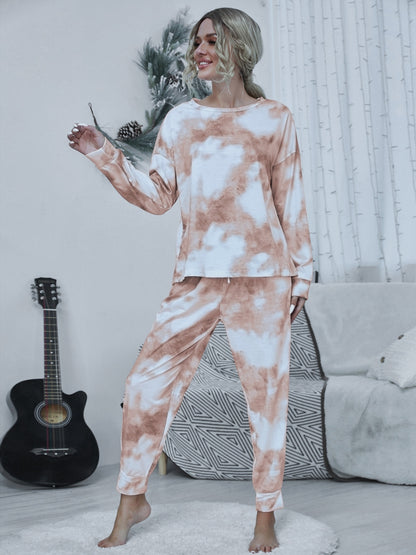 Shiny Tie-dye Round Neck Top and Drawstring Pants Lounge Set