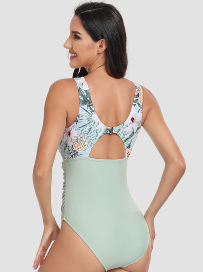 Cutout Printed Round Neck One-Piece Swimwear