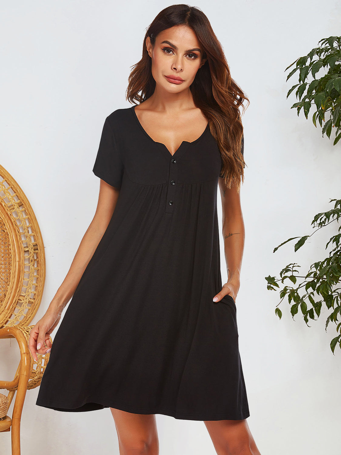 Notched Short Sleeve Mini Lounge Dress