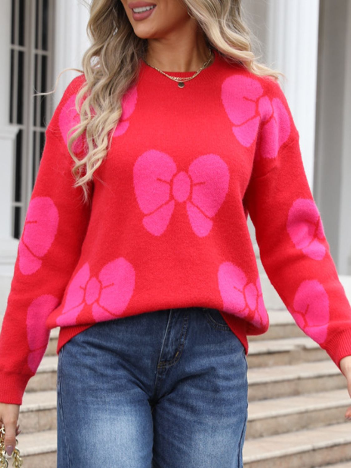 Angel Wings Bow Round Neck Dropped Shoulder Sweater