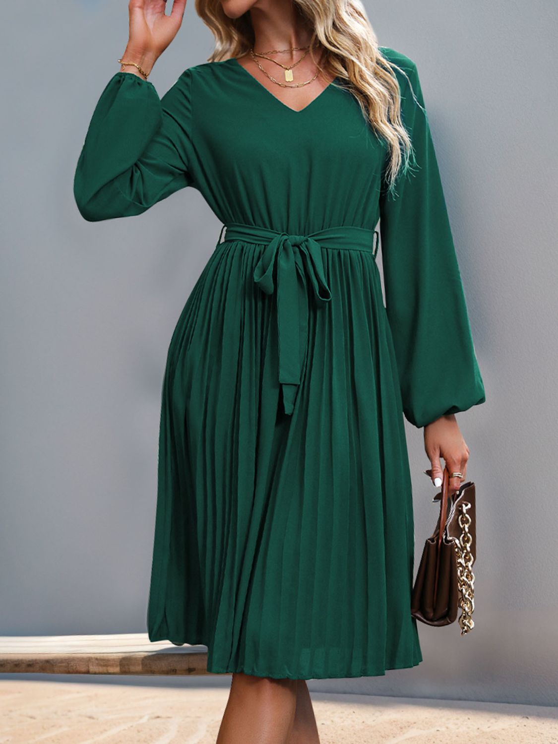 Perfee Lace V-Neck Long Sleeve Pleated Dress