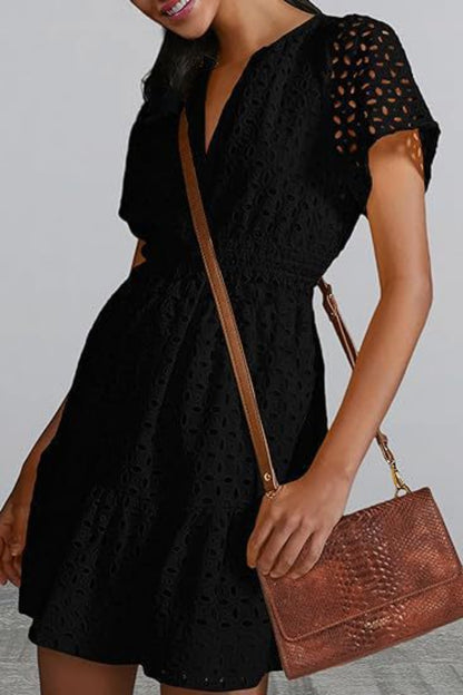 Eyelet Notched Short Sleeve Mini Dress