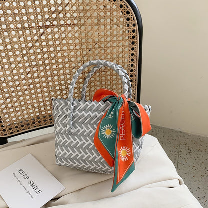 Contrast Woven Handbag with Ribbon