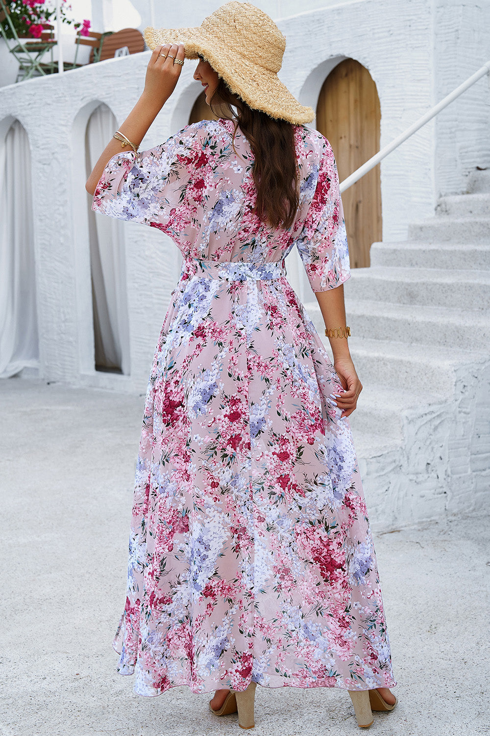 Devine Printed Tied Half Sleeve Slit Dress