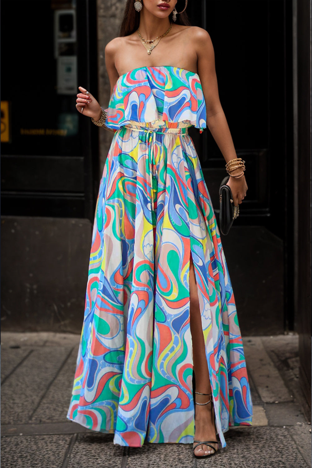 MeiMei Slit Printed Tube Maxi Dress