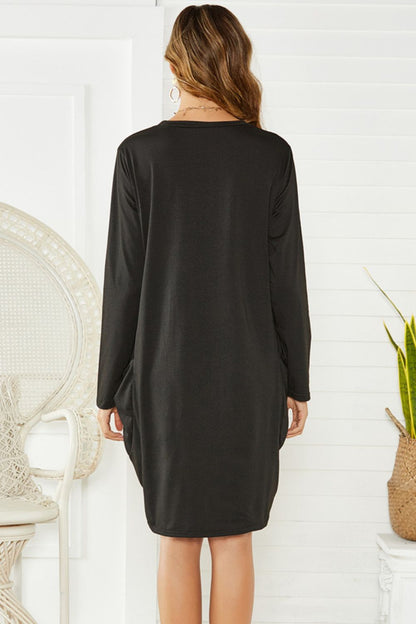 Pocketed Round Neck Long Sleeve Dress