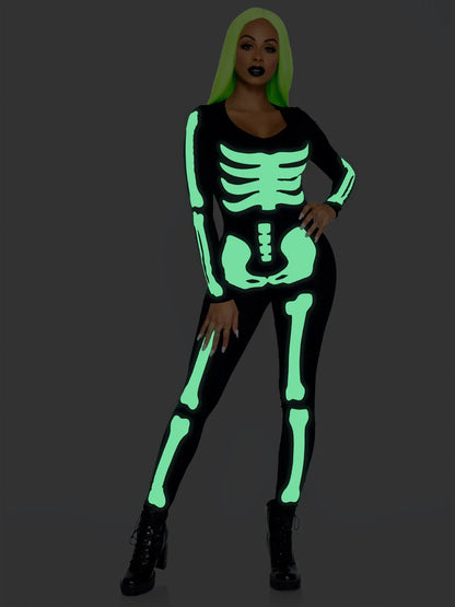 Printed Glow In The Dark Skeleton Catsuit 2 Piece Halloween Costume