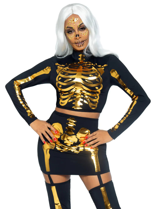 Golden Skeleton Crop Top and Skirt 2 Piece Halloween Costume